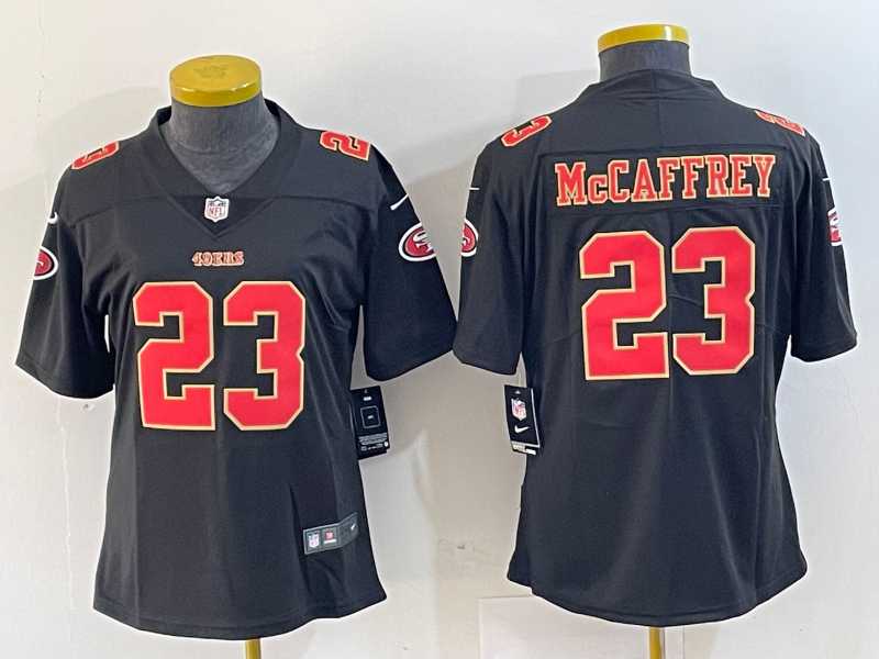Womens San Francisco 49ers #23 Christian McCaffrey Black Red Fashion Vapor Limited Stitched Jersey